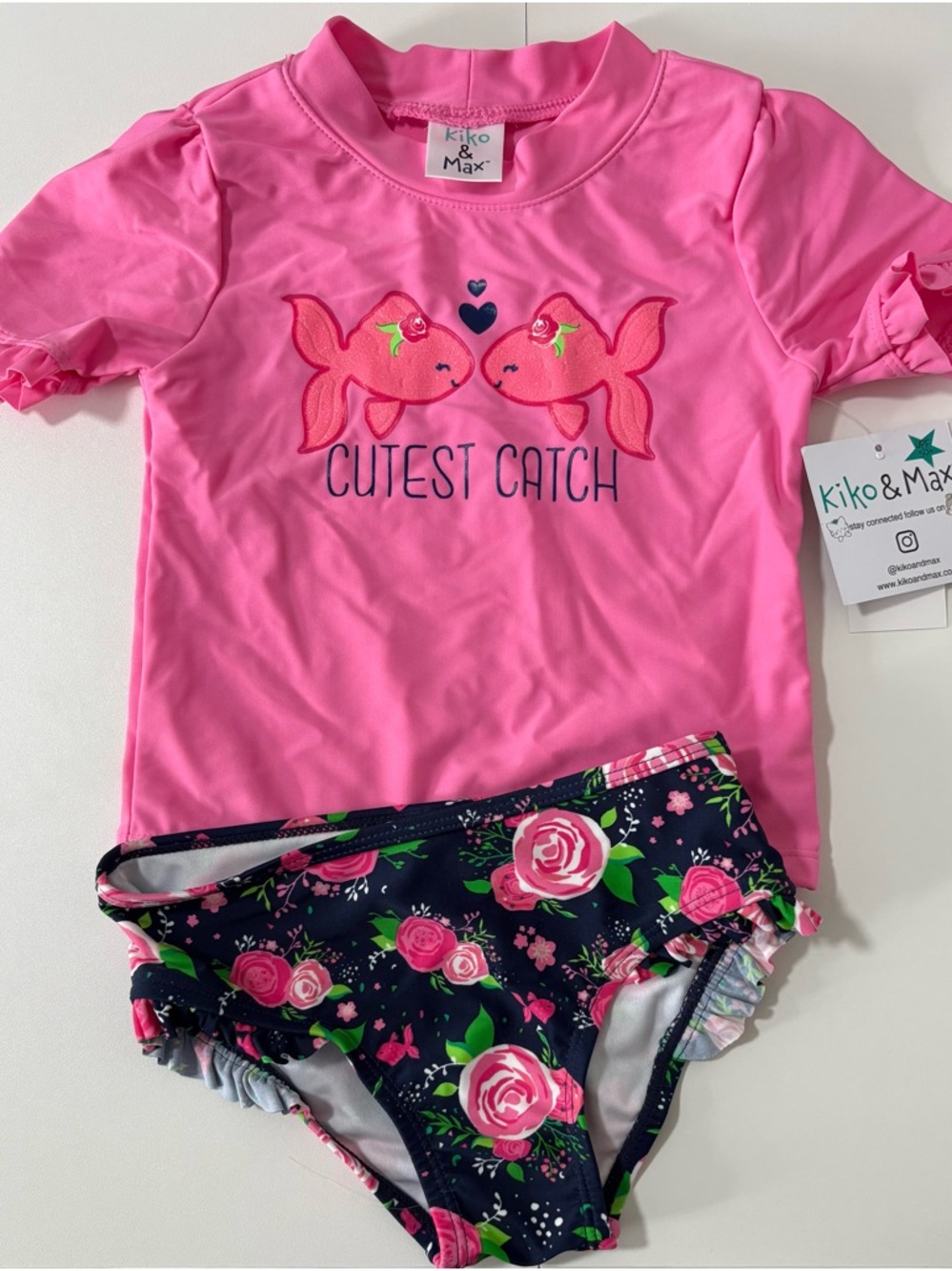 NWT Kiko & Max 3T Pink Fish Rash Guard Swimsuit Set UPF 50+